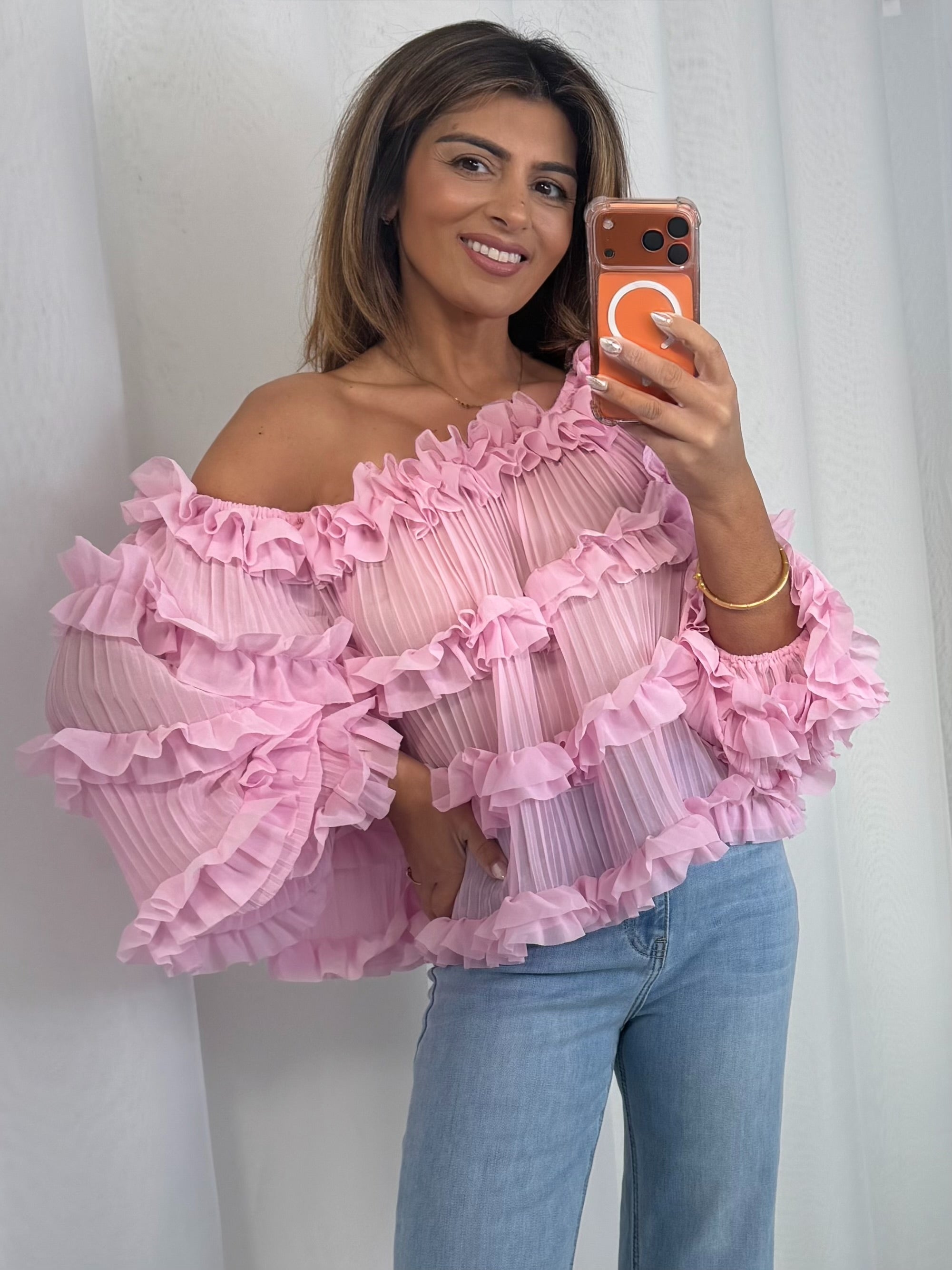 Pleated Frill Round Neck Top (4 Colours)