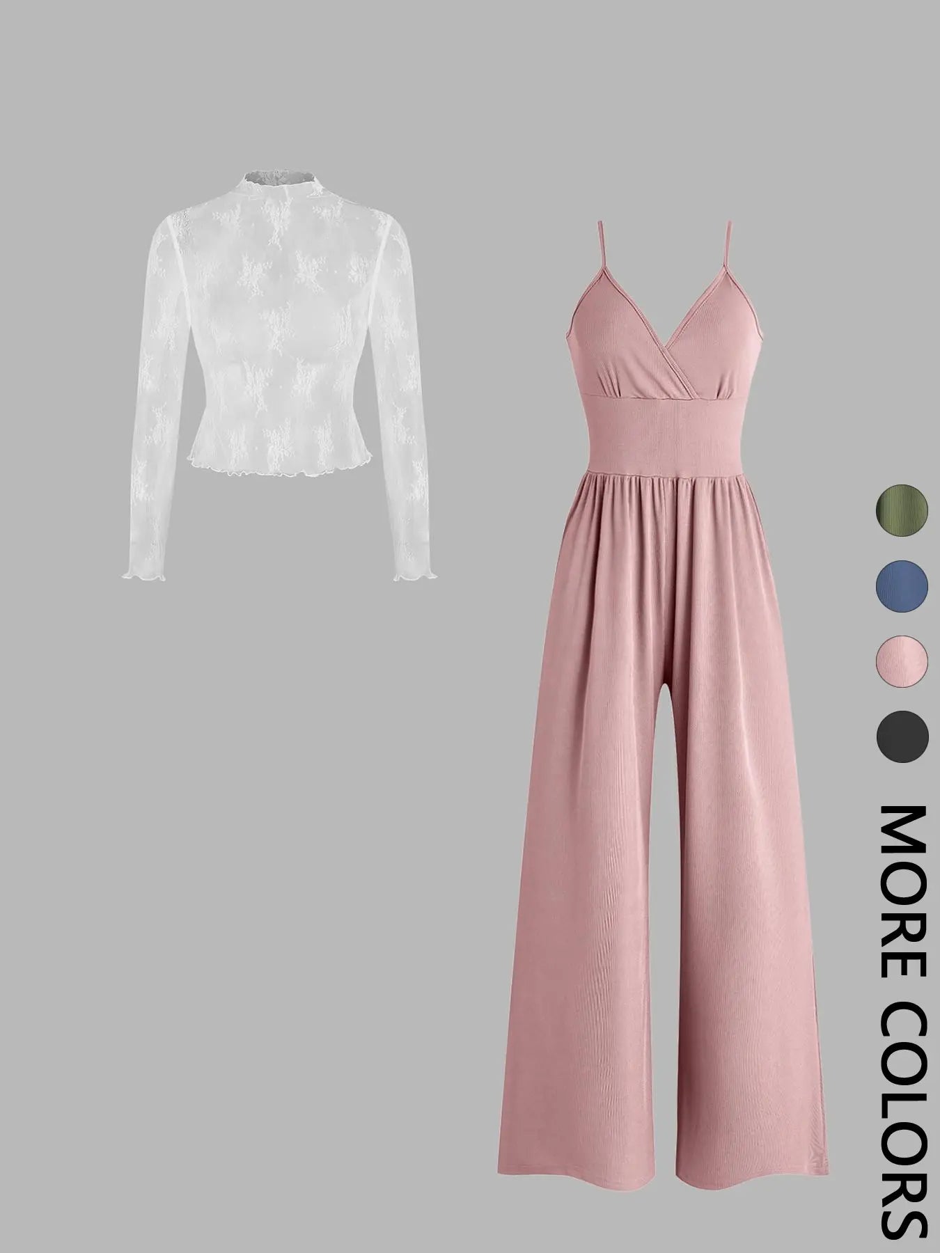 Valentine's Day Two-piece Set Women's Fitted Solid Color Lettuce Trim Mock Neck Sheer Lace Top & Pocket Wide Leg Cami Jumpsuit, Elegant Fashion Casual Two Piece Outfits for Daily Outdoor Wear, Women Clothes for Spring Fall, Womenswear Sleeves Lady