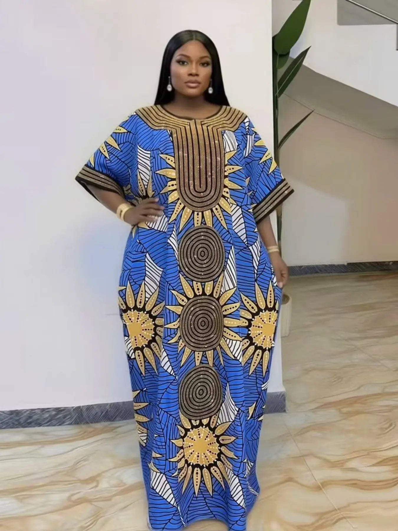 New high-end party rhinestone loose large-size casual traditional ethnic boubou kaftan women's dress Style, elegant and classy, plus-size party, holiday, daily wear, women's beach vacation summer dress with scarf and pockets 2026 Print