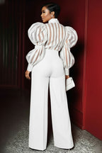 High Neck Bow Puff Sleeve Top Wide Leg Pants Party 2pcs Set-White