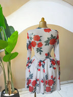 Women's Leaf Floral Print Long Sleeve Round Neckline Pleated Mini Dress, Floral Prints Dress, Fitted, Chic, Birthday Party Fashion Gown, Holiday Draped Bust Beach Dress, Streetwear Ladies Dresses