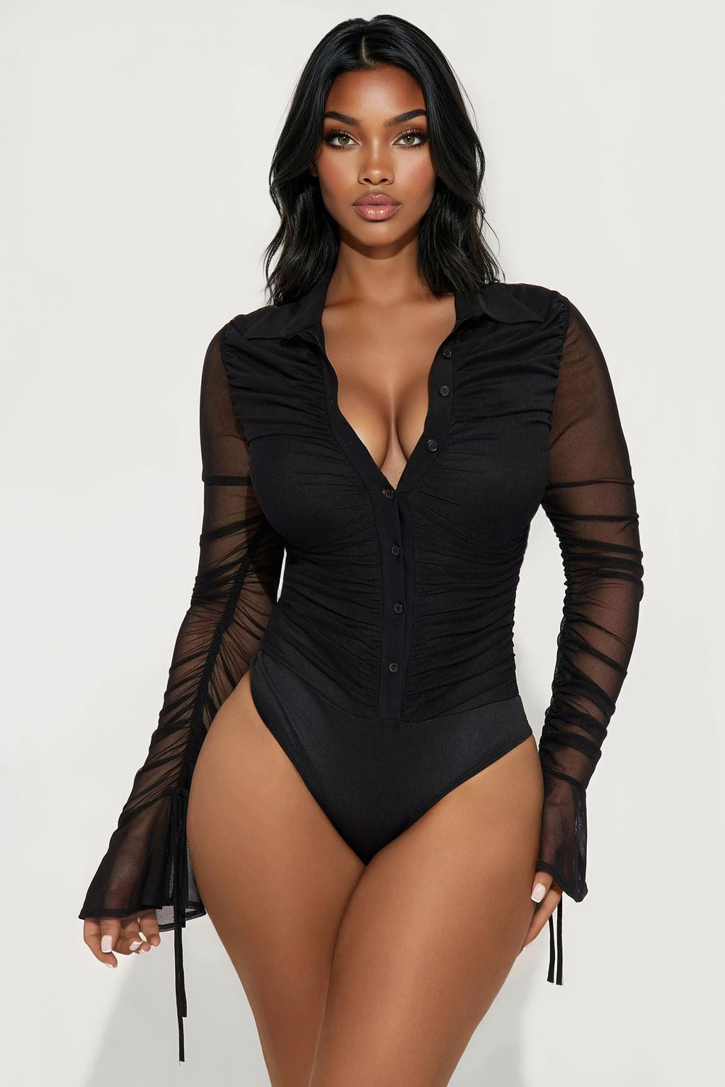 Subliminal Ruched Button Up Mesh Bodysuit - Black