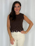 Flat Knit Round Neck Scalloped Edge Jewelled Top (2 Colours)