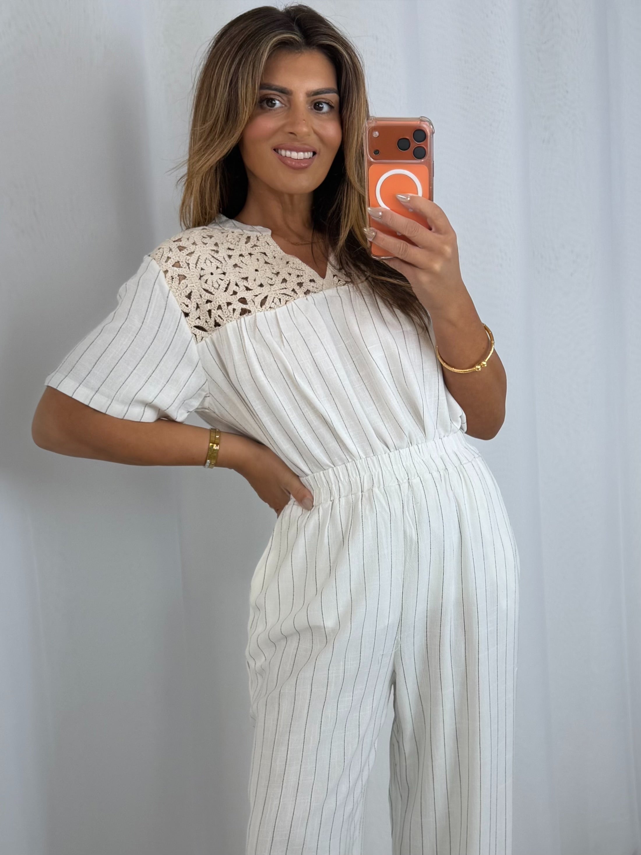 Crochet Detailing Pinstripe Longline Top And Trousers Co-Ord (4 Colours)