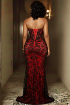 Strapless Corset See-Through Lace Slit Party Maxi Dresses-Black