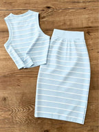 UREREM Women's Striped Contrast Color Casual Elegant Party Ribbed Slit Beach Vest And Skirt 2-Piece Set Summer