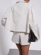 Women's Spring/Fall European Style Two-Piece Button Front Suit, Stand Collar Vintage Polka Dot Long Sleeve Blazer & Shorts, Pilot Look Outerwear Short Suits Top