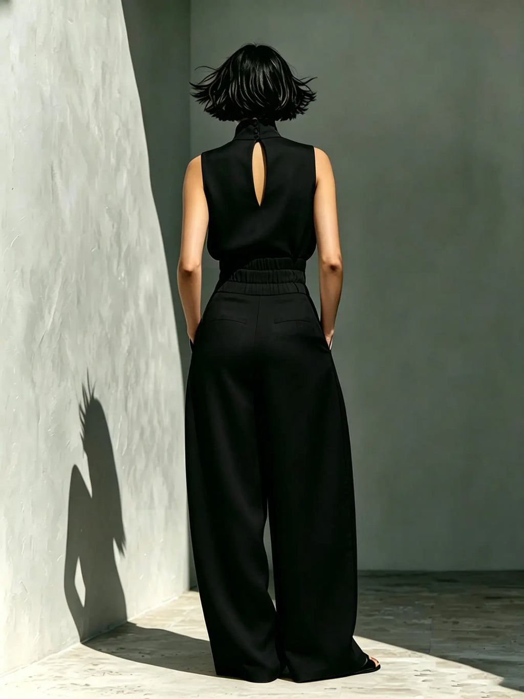 Women's High-Neck Sleeveless Top and High-Waist Wide-Leg Pants Two-Piece Set, Elegant Chic Formal Outfit for Fashionable Ladies, Clothes