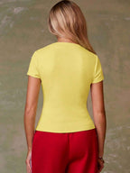 Women's Casual Red Single-Breasted Short Sleeve Fitted Top,Red Top,Christmas, Cute Vacation,Resort Wear,Summer Holiday,Spring,Spring Break,Beach