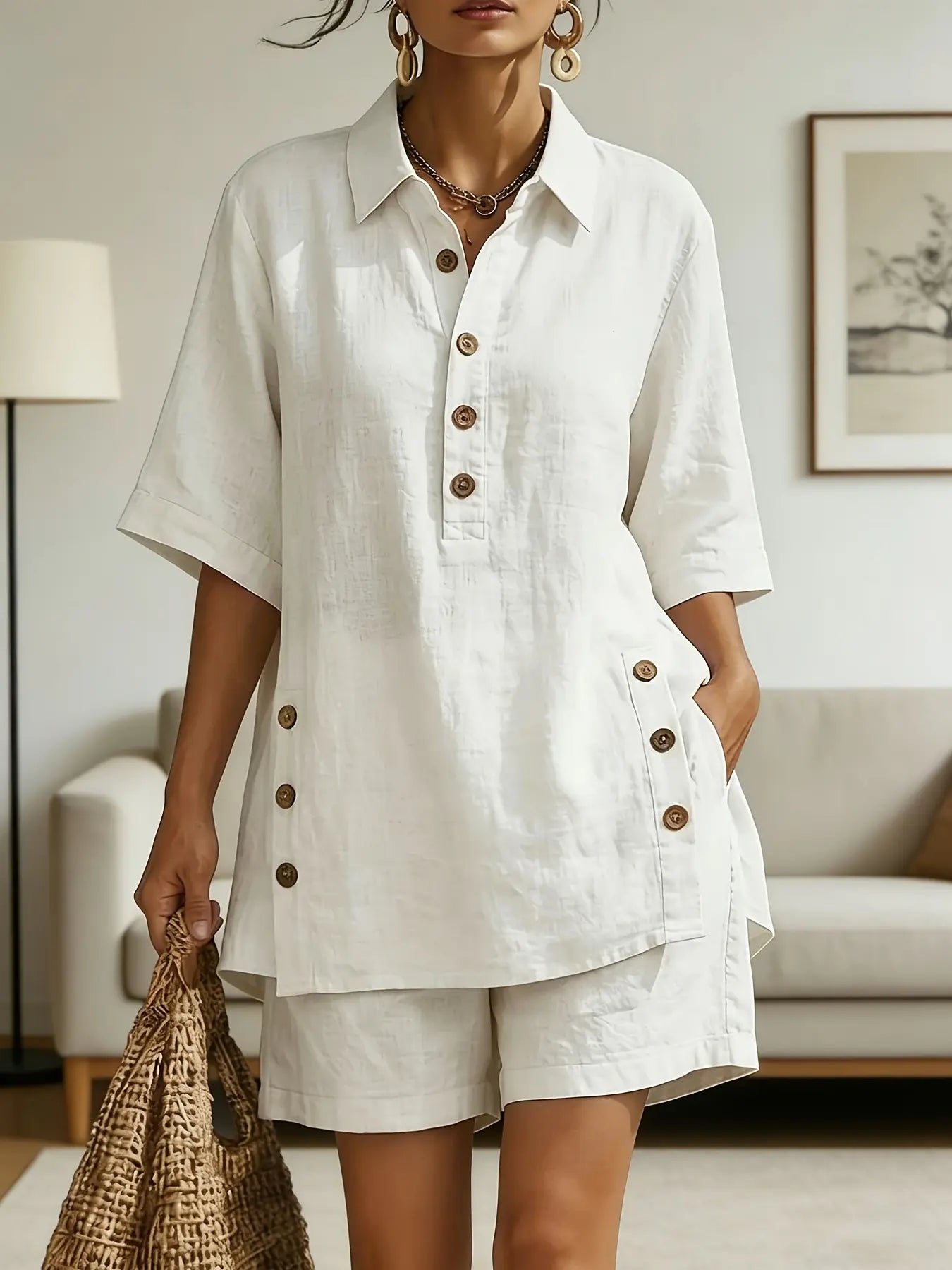 A New Two-Piece Outfit for Women Featuring a Short-Sleeved Shirt And Loose-Fitting Trousers for The Spring/Summer 2026 Season