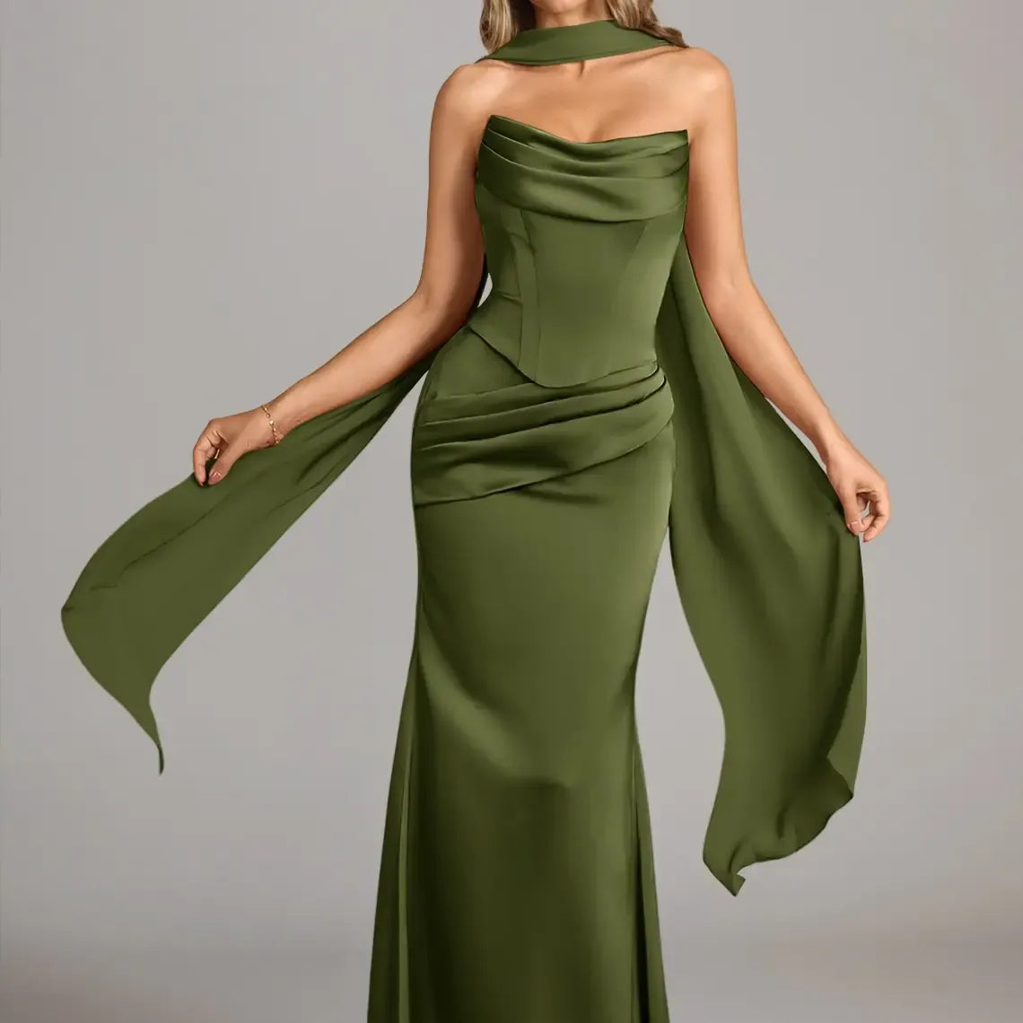 Azazie Sorrel Corset Lace-up Mermaid Wedding Guest Evening Luminous Satin Maxi Dress Minimalist