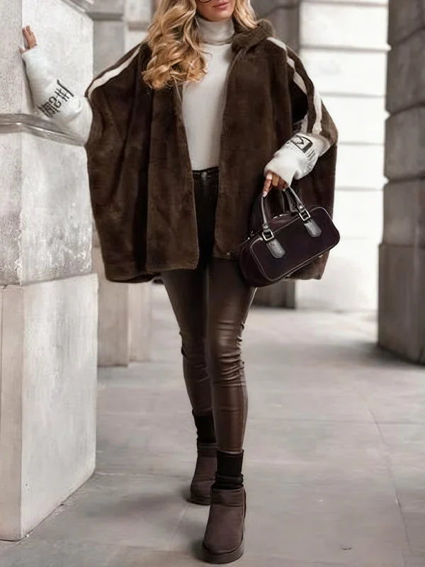 Women Plush Hooded Vertical Stripe Printed Casual Coat