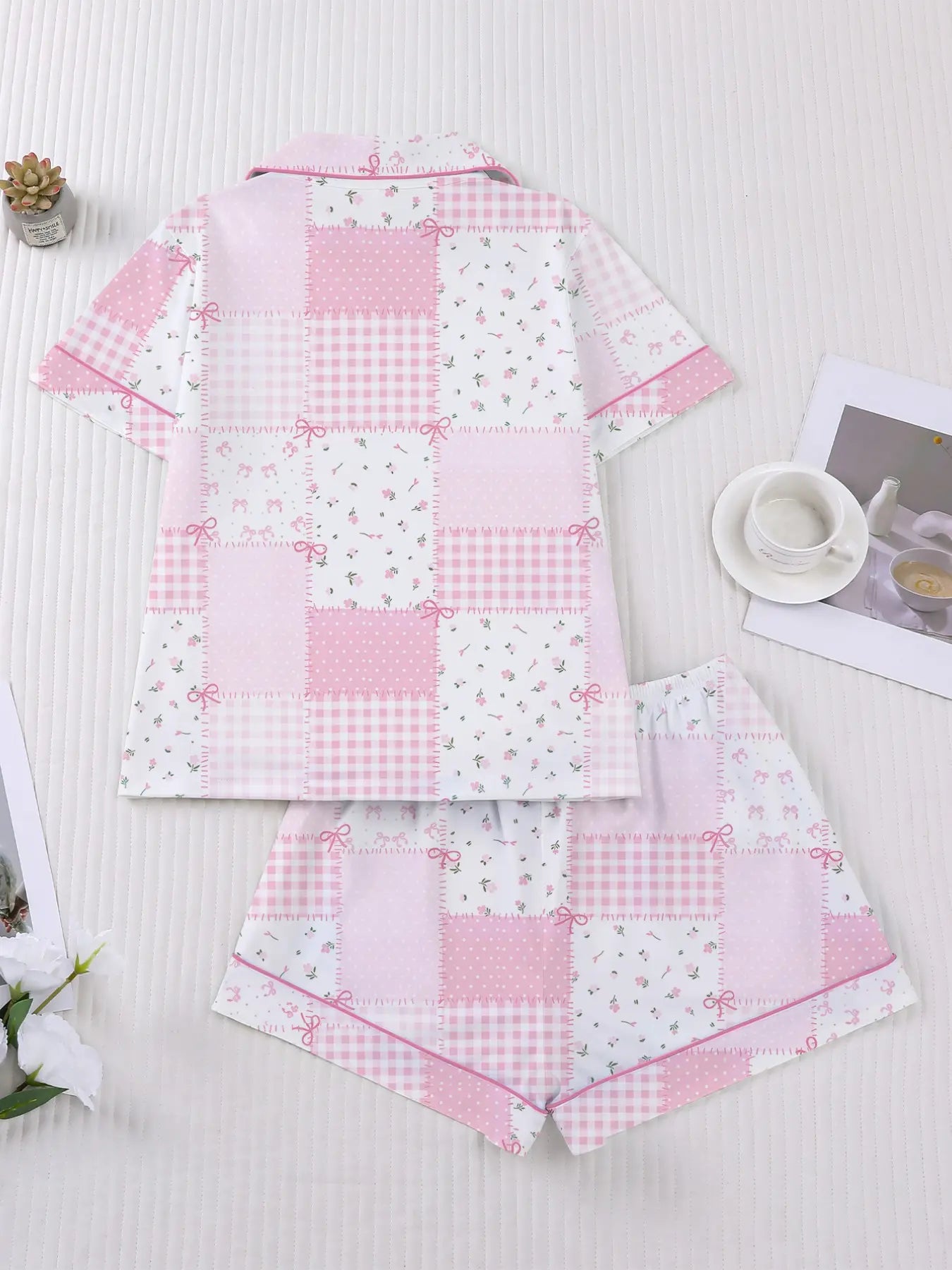 Women's Plaid Floral Bow Print Short Sleeve Shorts Fitted Pajama Set