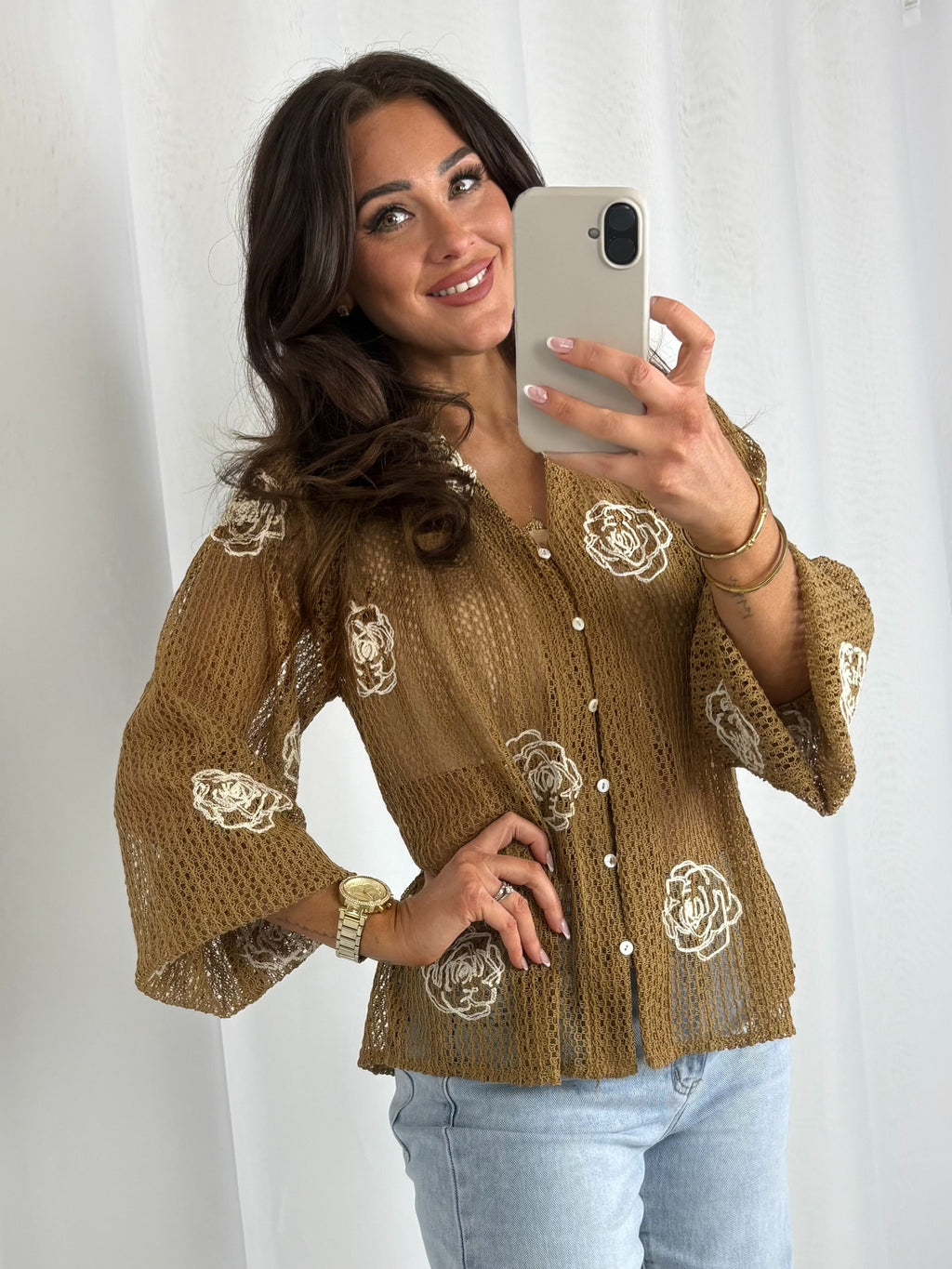 Knitted Flower Detail Pearl Button Shirt (2 Colours)