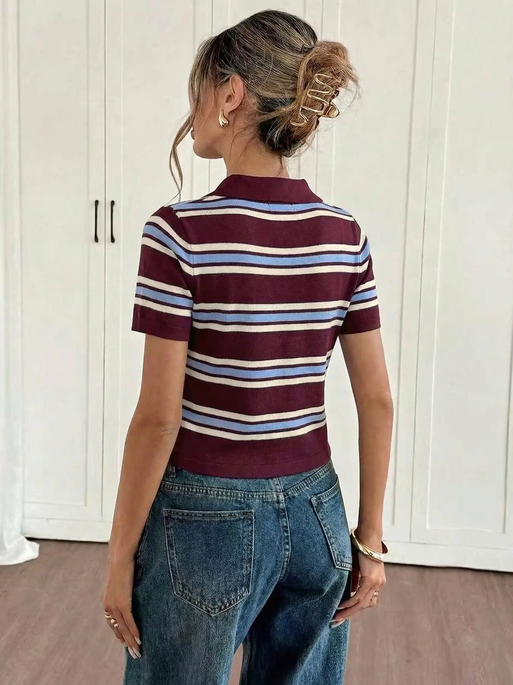 Women's Preppy Striped Knit Polo Shirt, Slim-Fit Short-Sleeve with Contrast Collar, Soft Lightweight Summer Top, Striped Polo Shirts