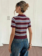 Women's Preppy Striped Knit Polo Shirt, Slim-Fit Short-Sleeve with Contrast Collar, Soft Lightweight Summer Top, Striped Polo Shirts
