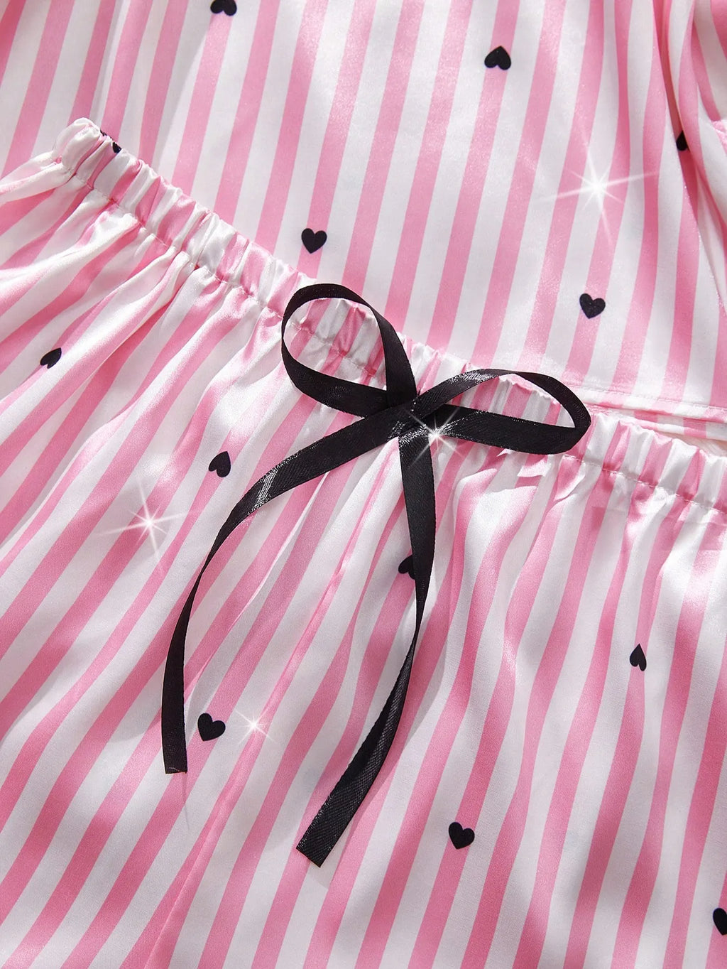 2pcs/Set Party Costume Satin Heart Striped Sexy Lingerie Set, Adjustable Strap Lace V-Neck Camisole And Bow Shorts, Women's Intimate Apparel