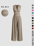 Women's Plain Ruched Deep V Neck Wide Leg Jumpsuit, Casual Sleeveless Ribbed Jumpsuit for Daily Wear, Ladies Clothes for All Seasons, Womenswear Basic Minimalist