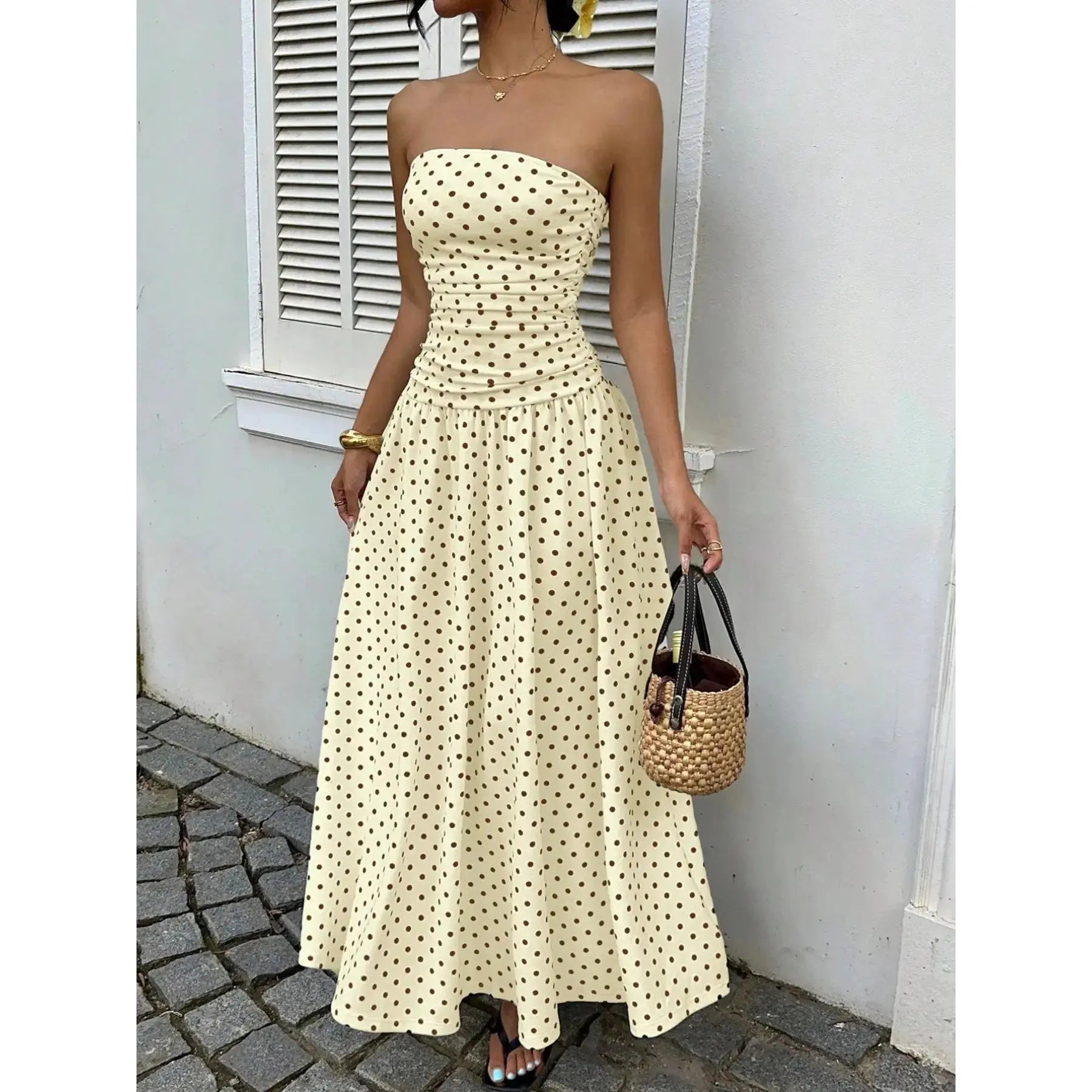 Women's Elegant Chic Fashion Polka Dot Strapless Dress, Stylish Sleeveless Maxi Dress for Parties and Casual Wear