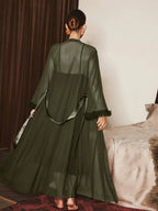 Slumberist 2pcs/Set Fishbone Design Waist Lace Camisole Nightgown + Floral Trim Wide Sleeve Mesh Robe