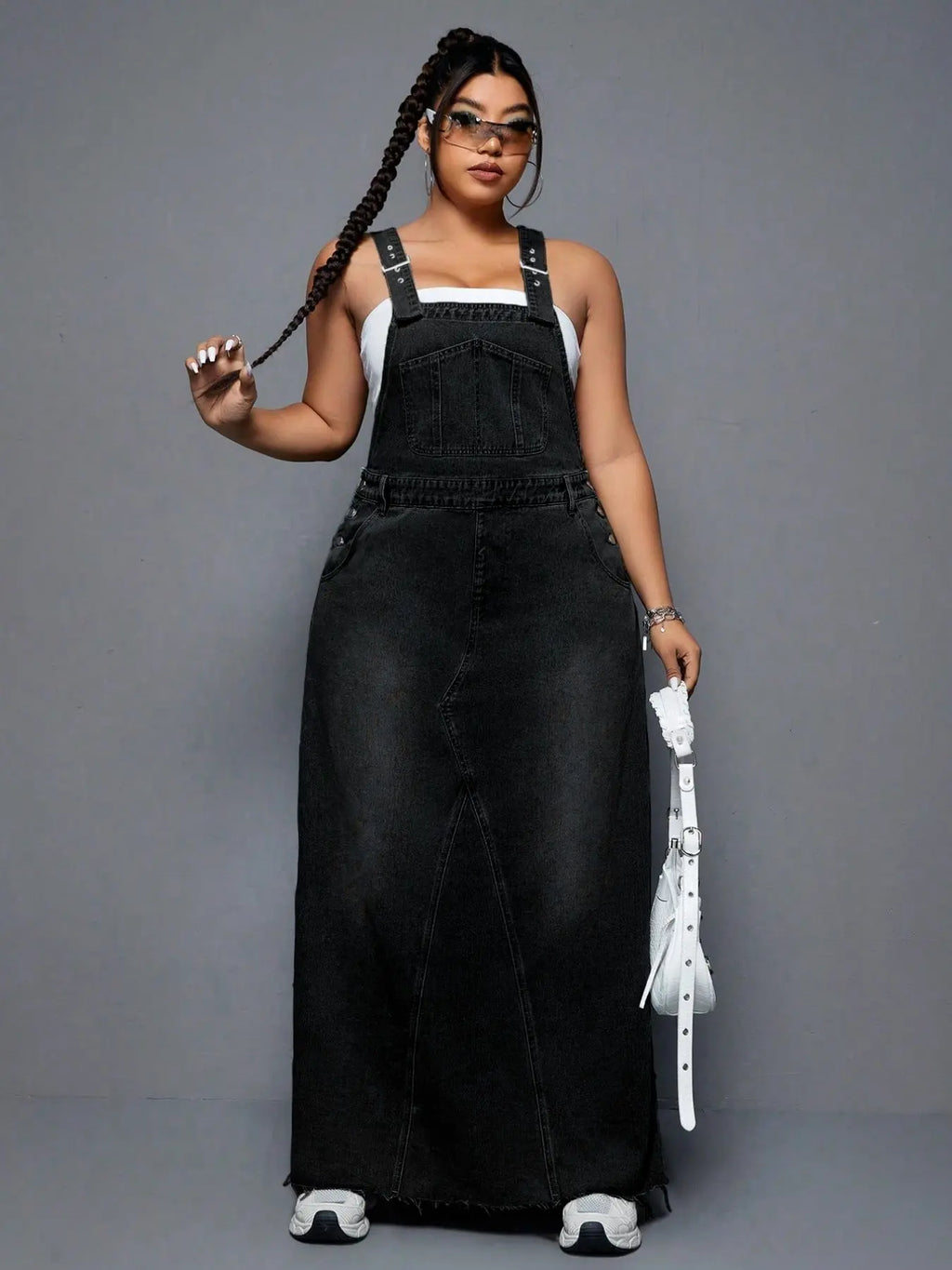 Plus Size Women's Summer Punk Casual Style Frayed Denim Strap Dress, Essential for Daily Outings, Trendy and Comfortable Long Skirt