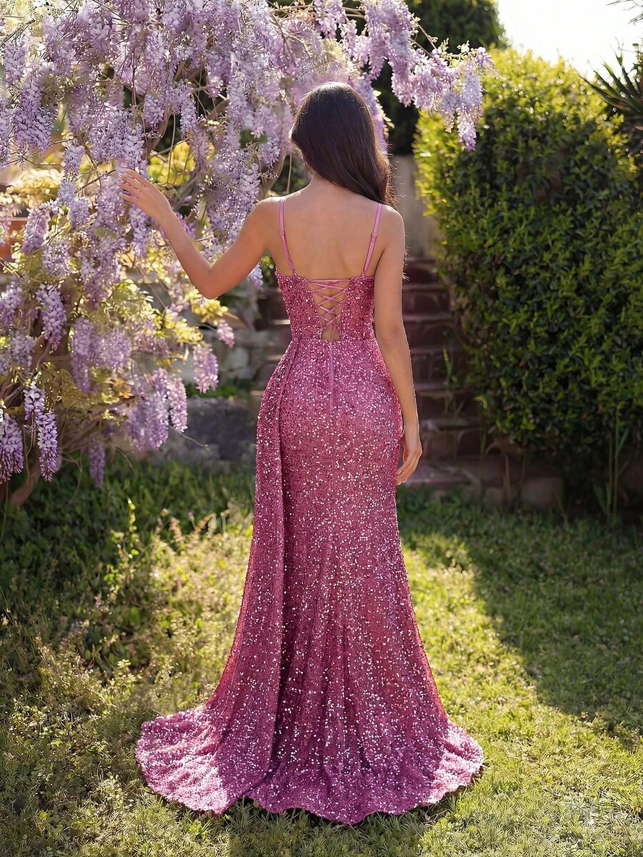 Elegant Sequin Spaghetti Strap Rhinestone Patchwork Fishbone High Waist High Slit Tie Back Open Back Evening Dress Fall