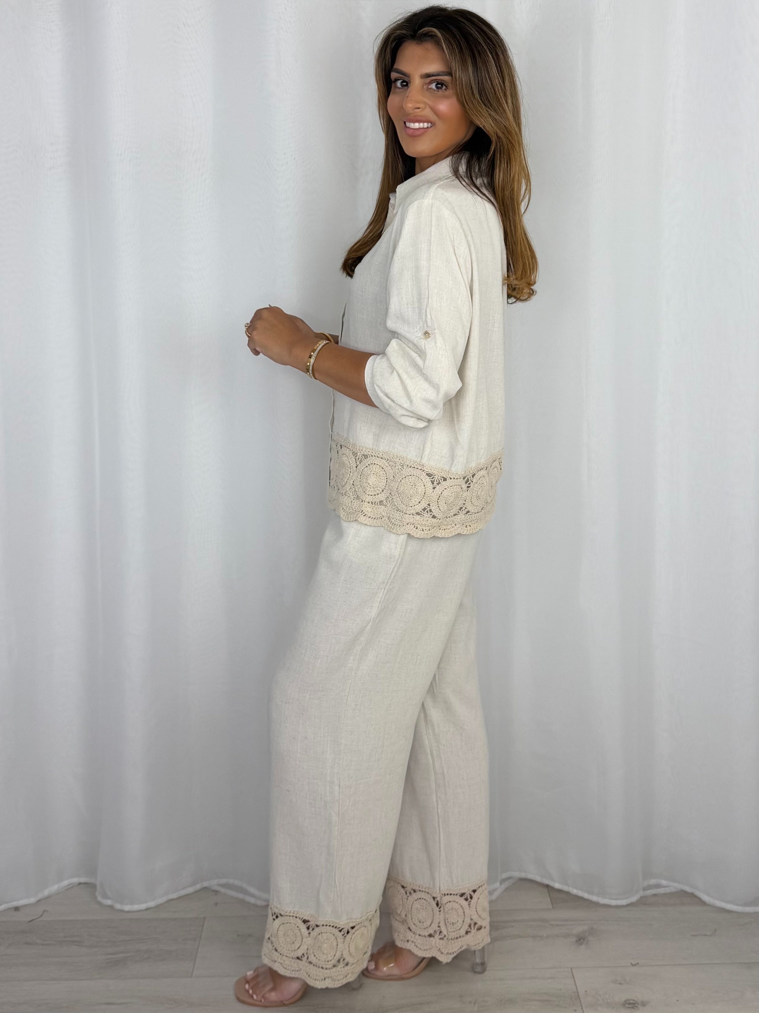 Crochet Trim Detail Shirt And Trouser Co-Ord (4 Colours)