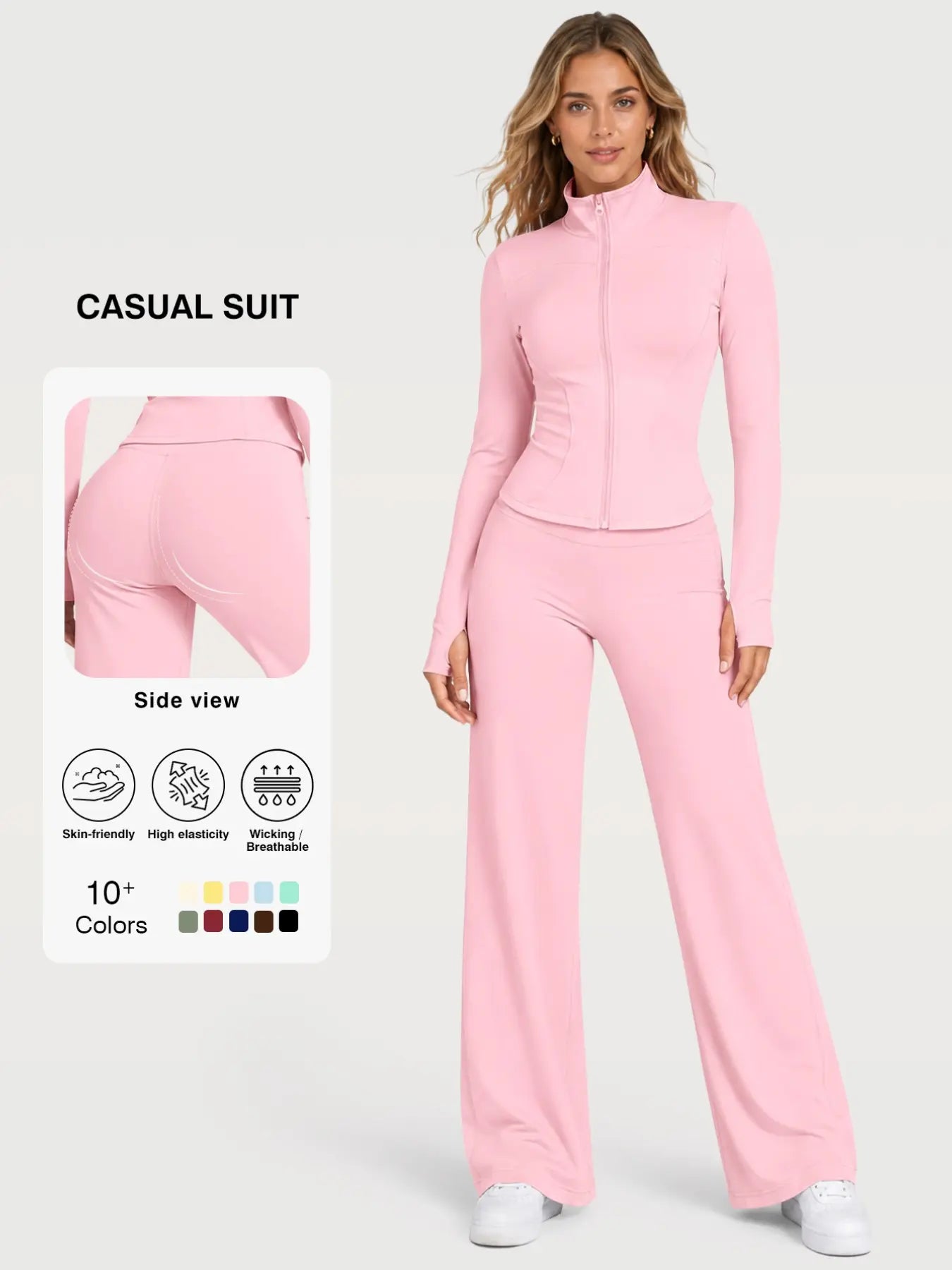 Flexaura Two-Piece Set, High-Waist Wide-Leg Pants & Zipper Jacket, Breathable Sporty, Long Sleeve, All Seasons, Yoga & Gym Wear