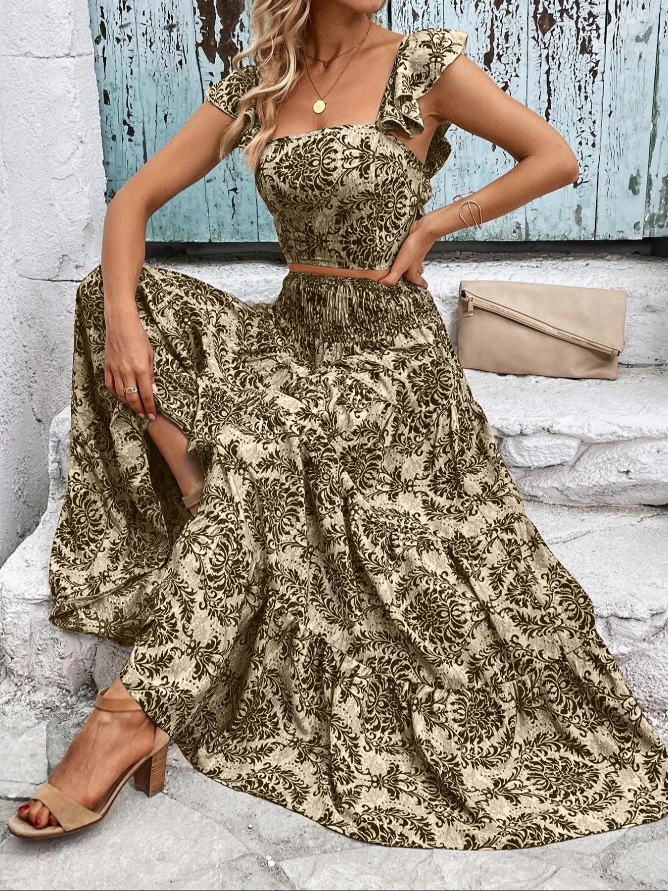 Women's Ethnic Pattern Butterfly-Sleeve Fitted Crop Top & Shirred High Waist A-Line Skirt Set Outfit, Womenswear Summer Boho Bohemian Elegant Square-Neck Top & Ruffle-Hem Long Skirt for Beach Vacations and Holidays Woven Fabric