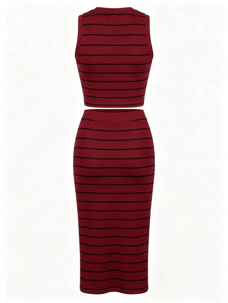 UREREM Women's Striped Contrast Color Casual Elegant Party Ribbed Slit Beach Vest And Skirt 2-Piece Set Summer