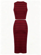 UREREM Women's Striped Contrast Color Casual Elegant Party Ribbed Slit Beach Vest And Skirt 2-Piece Set Summer