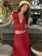 Women Summer Short Sleeve V Neck Tops Long Skirt Beach Vacation Chiffon Two Piece Set Outfit