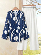 2pcs Women Contrast Color Print Shirt And Pants Set Old Money Style Business Casual Woman Blouse Sets For Ladies Two Piece