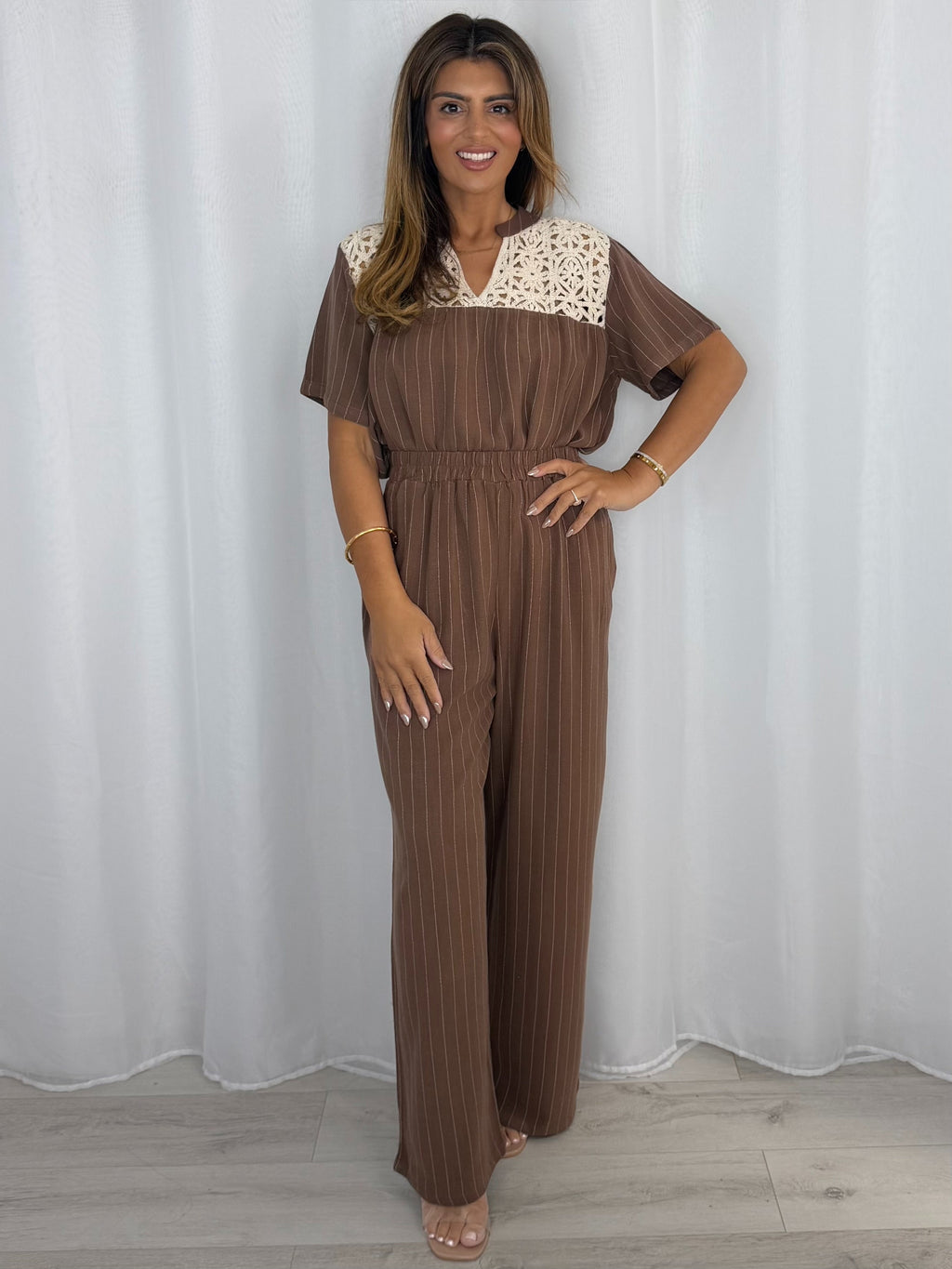 Crochet Detailing Pinstripe Longline Top And Trousers Co-Ord (4 Colours)
