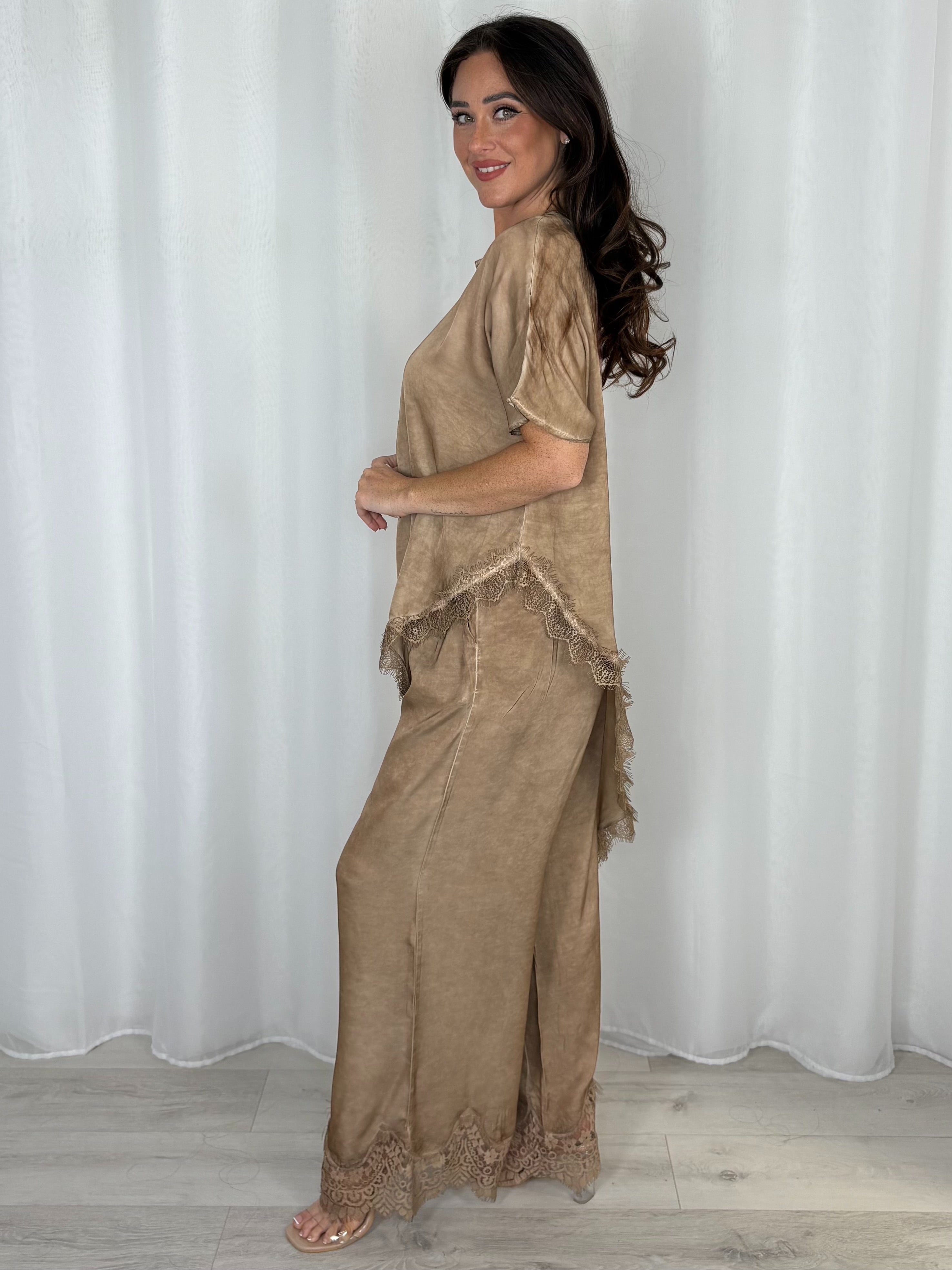Asymmetric Top And Trouser Co-Ord With Lace Trim (3 Colours)