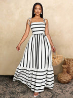 Women's Blue And White Stripe Flowing Maxi Dress,Summer Elegant Holiday Tea Party Holiday,Shoulder Straps Chest Gathering,Beach Casual Gown