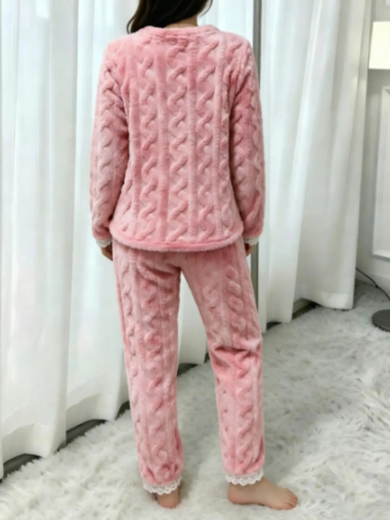 Two-Piece Bear Embroidery Flannel Long Sleeve Top and Bow Pants Set, Casual Wearable Women's Pajamas Pjs, Home Sleepwear Loungewear