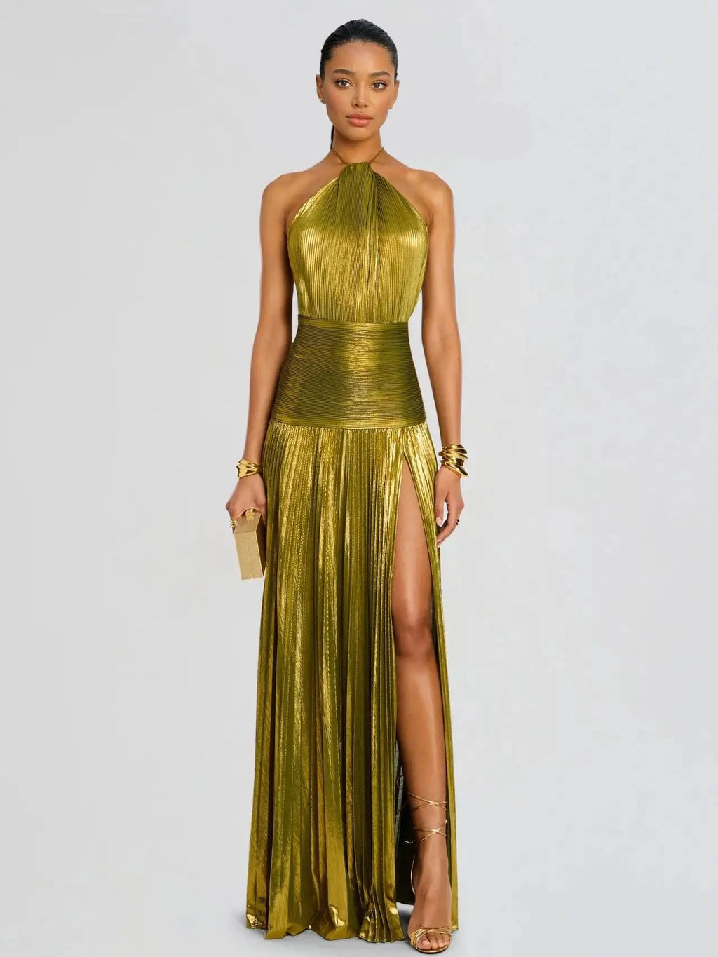 LikeMyChoice 2026 Metallic Olive Gold Maxi Dress for Formal Events