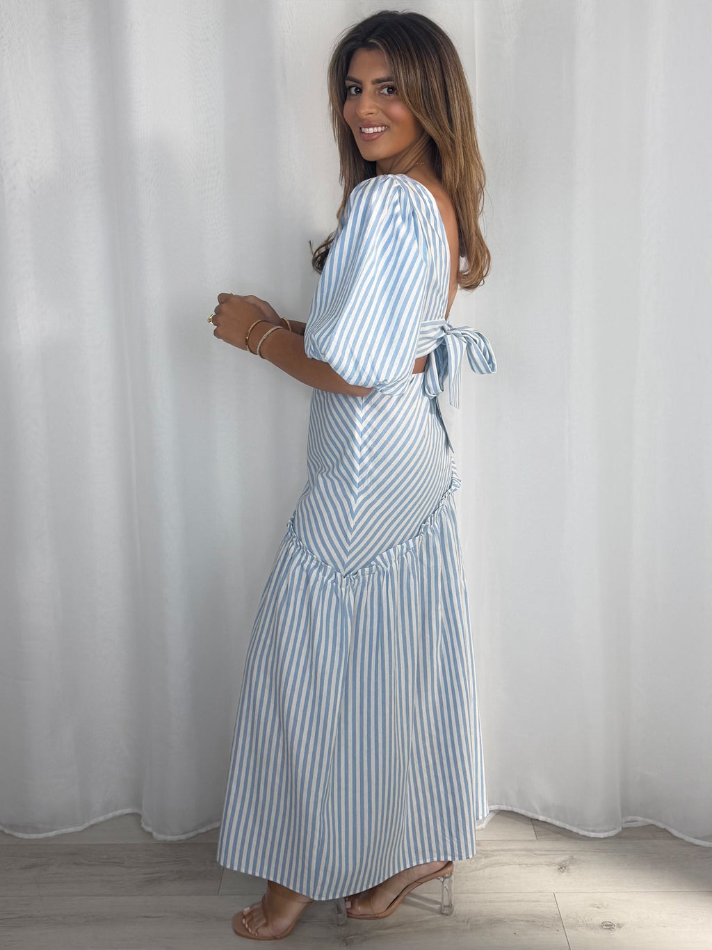 Striped Balloon Sleeve Tie Up Back And Frill Maxi Skirt Co-Ord (2 Colours)