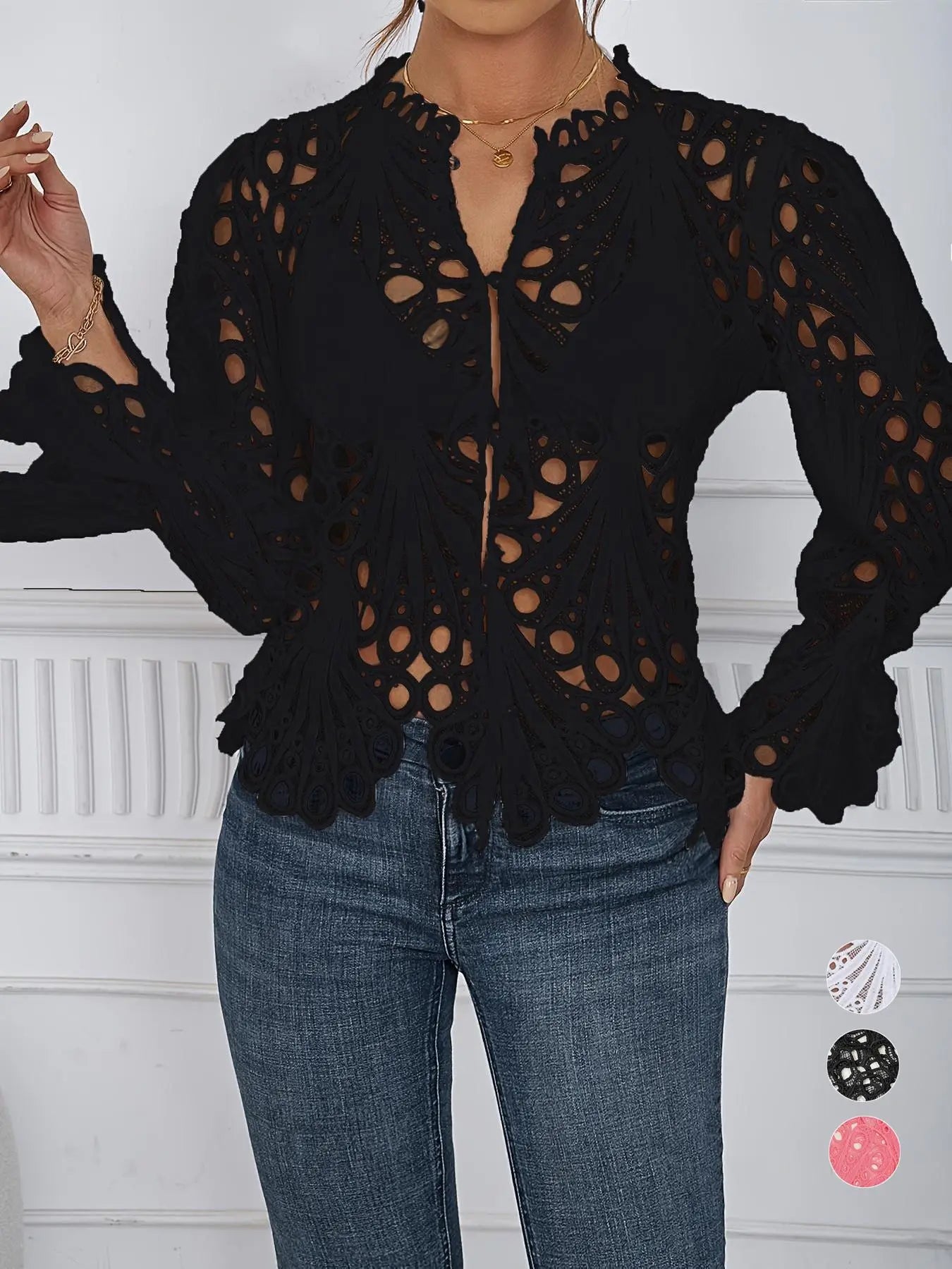 2026 Spring Summer New Women's Blouse, Sexy Asymmetrical Hollow Out Bell Sleeve, Breathable Lightweight Fabric Nightclub Top, Casual Fitted Long Sleeve Shirt, Button Blouse Shirts