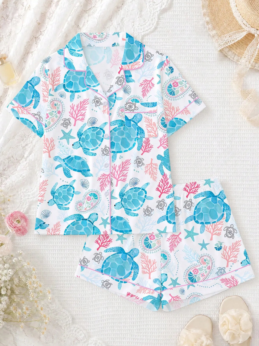 2pcs Women Pajama Set, Ocean Turtle Print, Ladies Homewear, Spring/Summer Holiday Outfit, Short Sleeve Polo Shirt And Shorts Suit