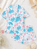 2pcs Women Pajama Set, Ocean Turtle Print, Ladies Homewear, Spring/Summer Holiday Outfit, Short Sleeve Polo Shirt And Shorts Suit