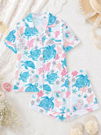 2pcs Women Pajama Set, Ocean Turtle Print, Ladies Homewear, Spring/Summer Holiday Outfit, Short Sleeve Polo Shirt And Shorts Suit