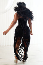 Strapless Semi-Sheer Corset Fringe Party Mini Dresses-Black