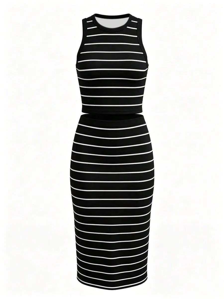UREREM Women's Striped Contrast Color Casual Elegant Party Ribbed Slit Beach Vest And Skirt 2-Piece Set Summer