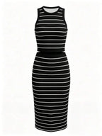 UREREM Women's Striped Contrast Color Casual Elegant Party Ribbed Slit Beach Vest And Skirt 2-Piece Set Summer