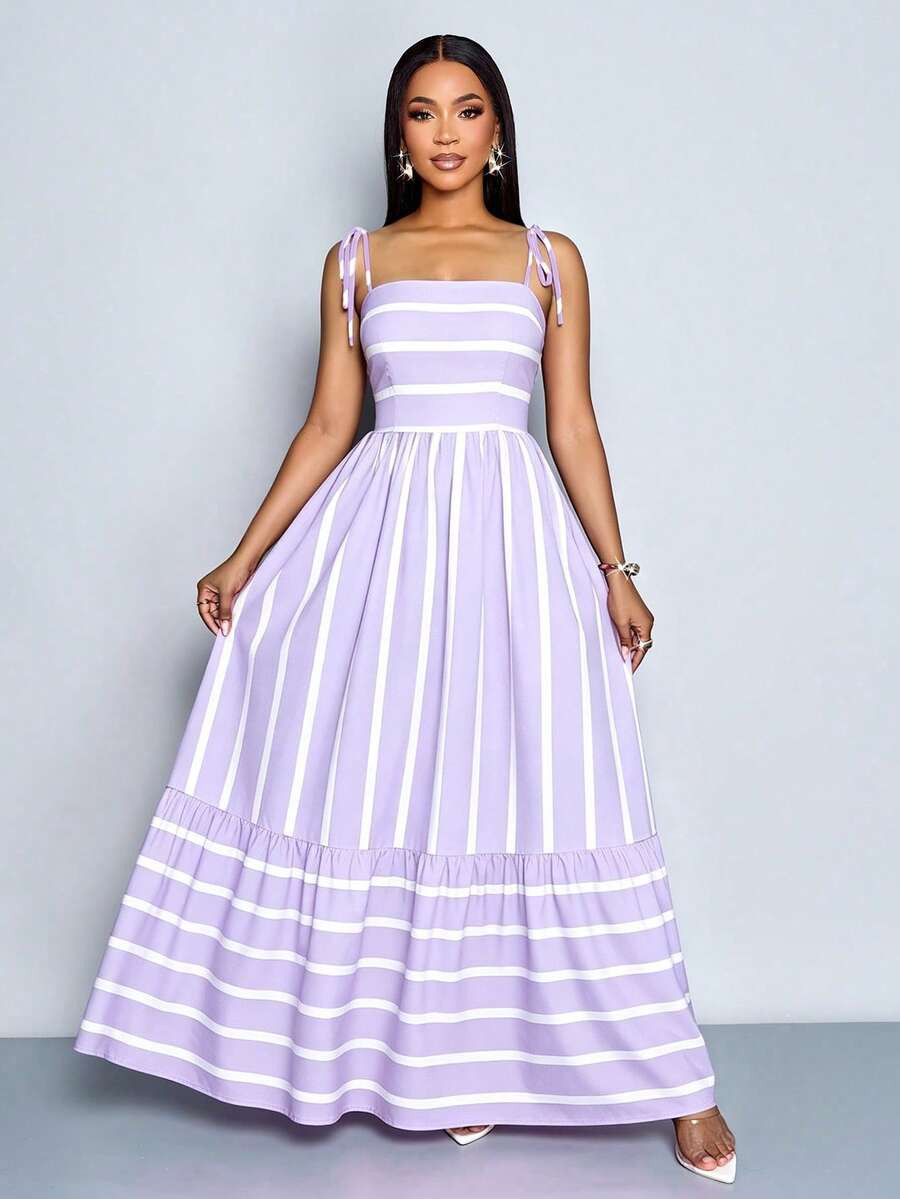 Women's Blue And White Stripe Flowing Maxi Dress,Summer Elegant Holiday Tea Party Holiday,Shoulder Straps Chest Gathering,Beach Casual Gown