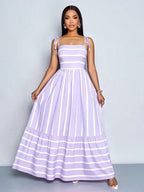 Women's Blue And White Stripe Flowing Maxi Dress,Summer Elegant Holiday Tea Party Holiday,Shoulder Straps Chest Gathering,Beach Casual Gown