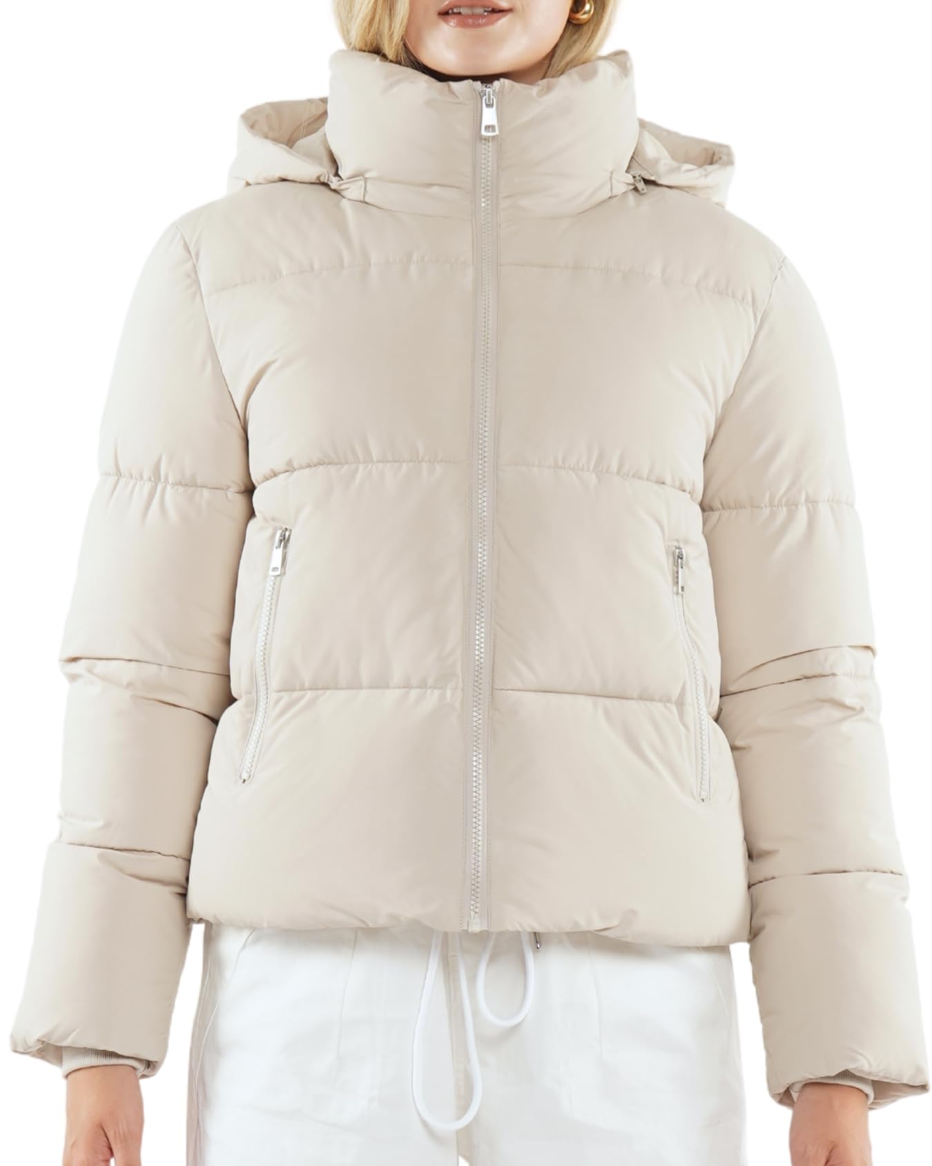 Warm Core Premium Short Puffer Jackets with Removable Hood & Optional Faux Fur Linging, Lady Casual Outerwear Longsleeves Zip Pockets Warm Quilted Coat