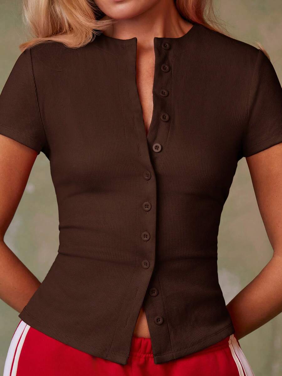 Women's Casual Red Single-Breasted Short Sleeve Fitted Top,Red Top,Christmas, Cute Vacation,Resort Wear,Summer Holiday,Spring,Spring Break,Beach